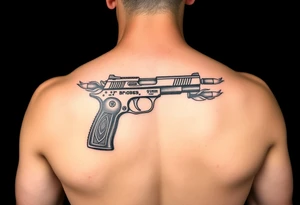 9mm gun with Egyptian detail on handle gun surrounded by flames and two bullets shooting out of gun tattoo idea