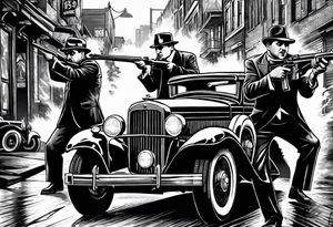 Al Capone style gangsters fighting with machine guns, set with a 1930s city street background, include a 1930's car , flames and smoke, bullets flying tattoo idea