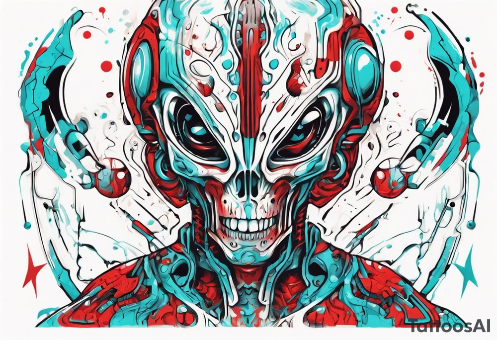 an art in the style of abstract alien, textured pigment planes, red and cyan, stencil art tattoo idea