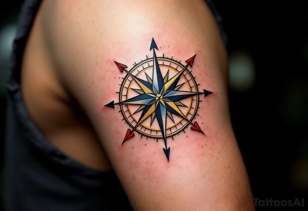 A delicate golden compass, with three arrows in black, navy blue, and red, pointing toward different meaningful destinations tattoo idea