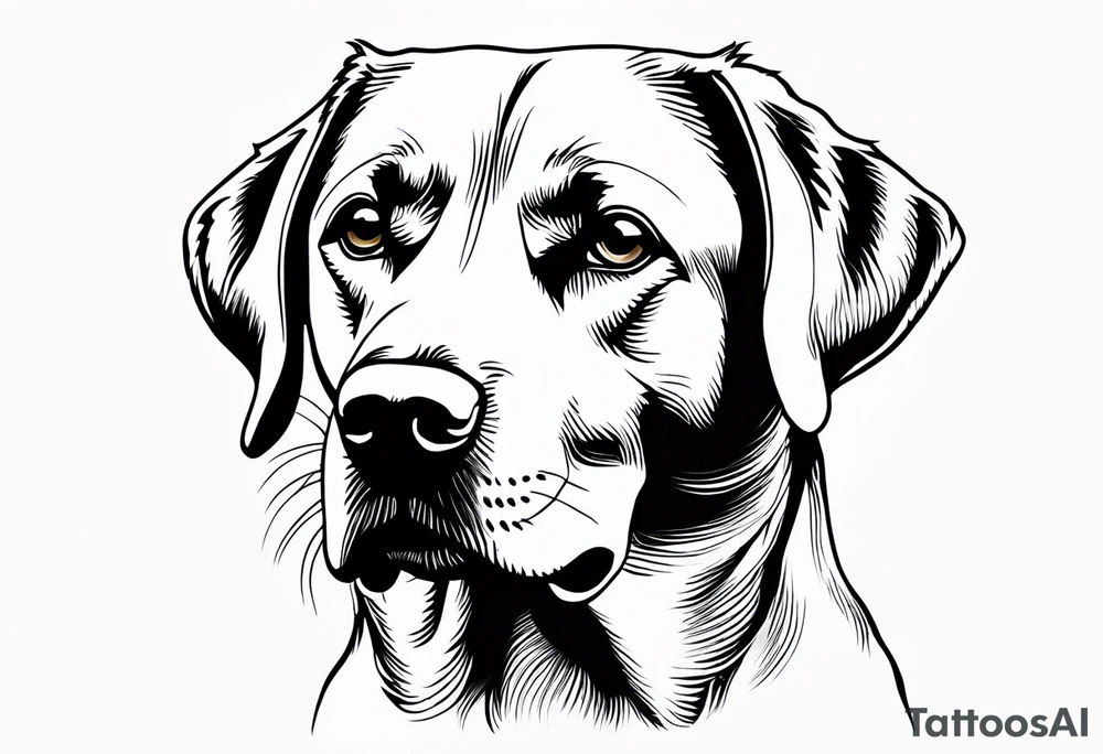 Generate a simple tattoo of a sitting Labrador Retriever, focusing on its friendly face and expressive eyes in a minimalist style tattoo idea