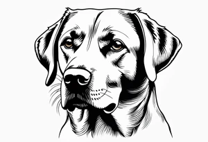 Generate a simple tattoo of a sitting Labrador Retriever, focusing on its friendly face and expressive eyes in a minimalist style tattoo idea