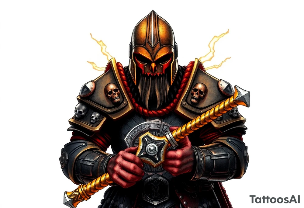 Warhammer, the Old World. A warrior priest of Sigmar holding "The Warhammer of Sigmar" or known as Ghal Maraz. The Warhammer of Sigmar is radiating thunderous energy. The warhammer is held by the warrior priest with both gripping hands at the shaft, upon his chest level. The Warrior priest is wearing dark alloyed heavy armour (reference armor from warhammer vermintide 2 Victor Saltzpyres, the warrior priest of Sigmar class) with skull sigils on his shoulder pads. The warrior priest is wearing a helmet, while the helmets front visor has an humanoid metal face covering. The helmet and armour are gladened with hints of gold and crimson red. The Warhammer is silverish and golden with a long shaft with twisted carvings. tattoo idea