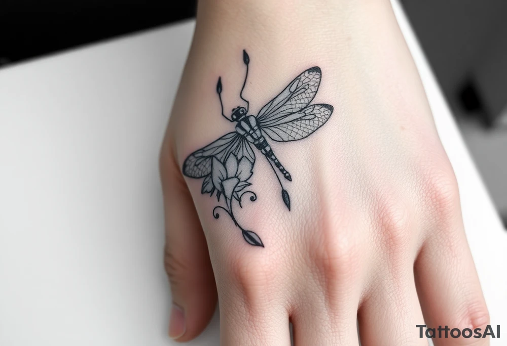 Tattoo  ecrit 'dinna fash'. style celtique linge noir fin avec fleur ecossai et dragonfly. position du tattoo main vers le pouce allonger tattoo idea