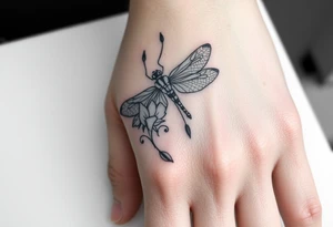 Tattoo  ecrit 'dinna fash'. style celtique linge noir fin avec fleur ecossai et dragonfly. position du tattoo main vers le pouce allonger tattoo idea