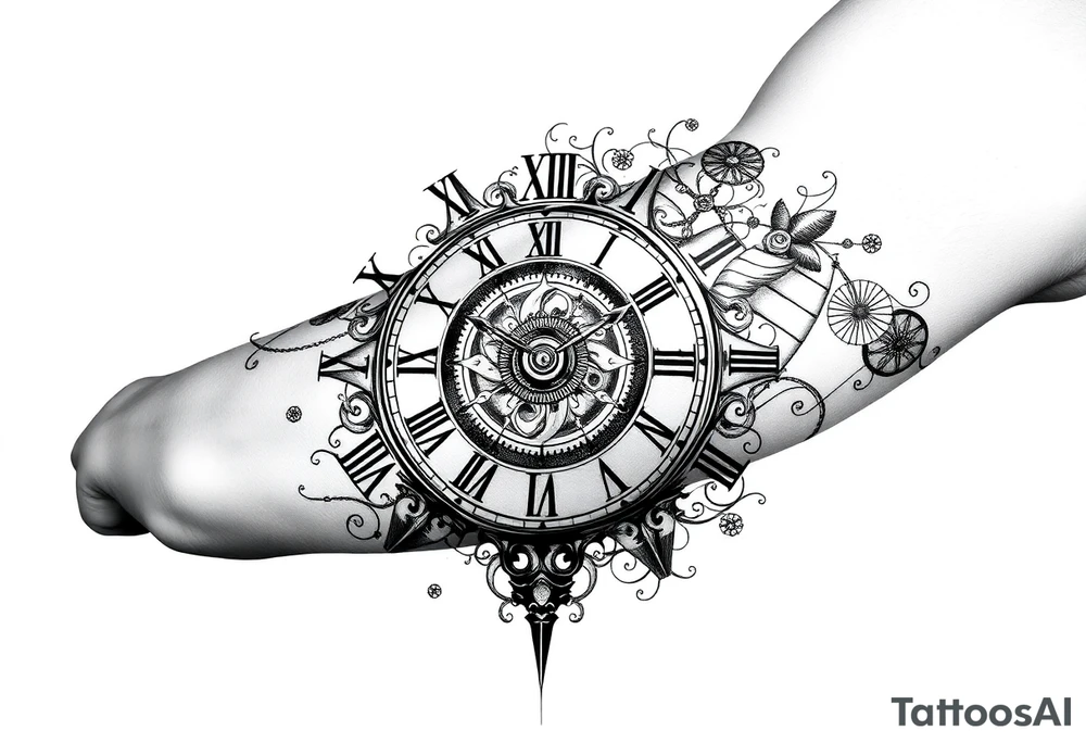vintage roman numerals within ornate clockwork mechanism tattoo idea
