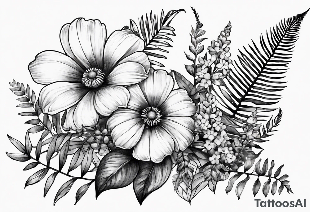 Three wild flowers with ferns all watercolor tattoo idea