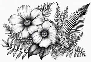 Three wild flowers with ferns all watercolor tattoo idea