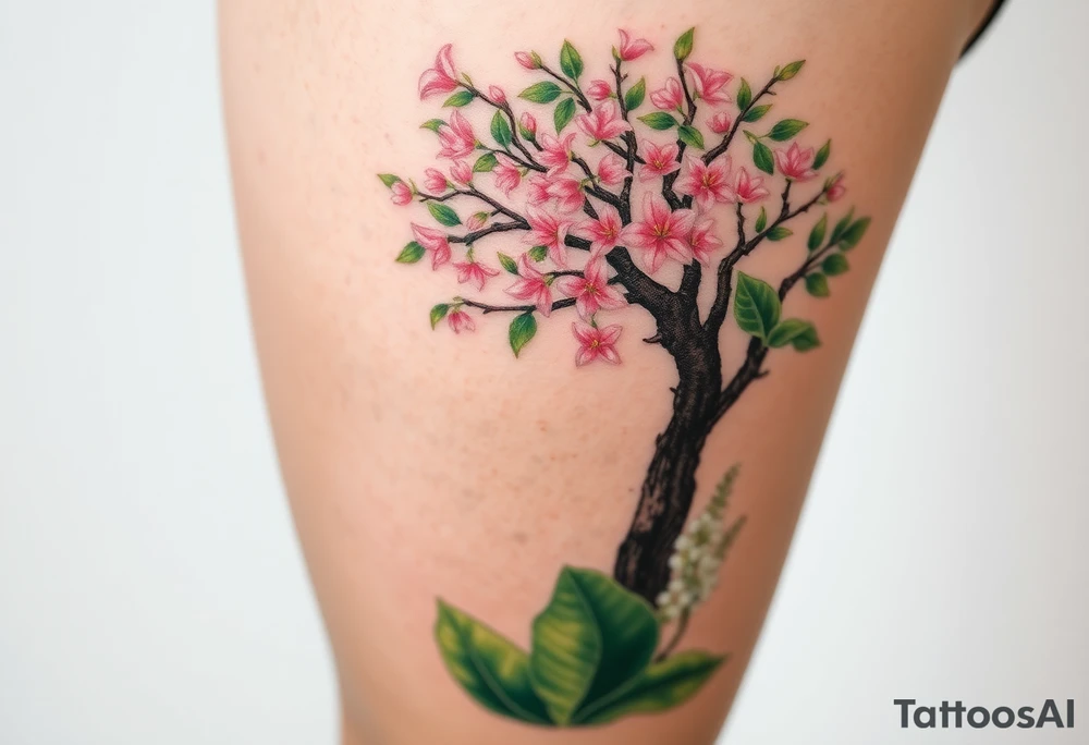 Lilly of the vally plants underneath a blooming hawthorn tree tattoo idea