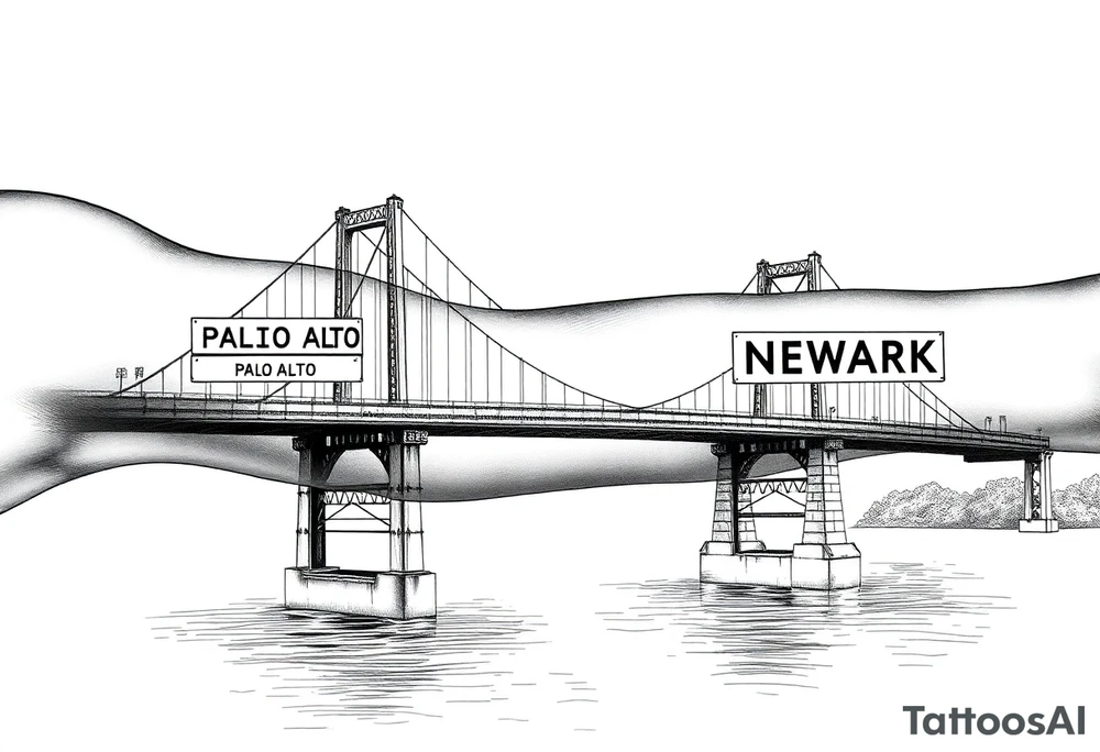A bridge over water with two cities on the side. The city signs on the side of the bridge. East Palo Alto on the left and Newark on the right tattoo idea