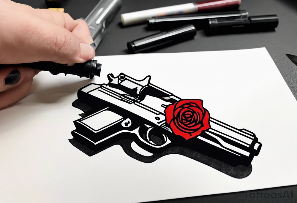 A black tattoo with a rose growing out of a gun bullet tattoo idea