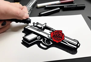 A black tattoo with a rose growing out of a gun bullet tattoo idea
