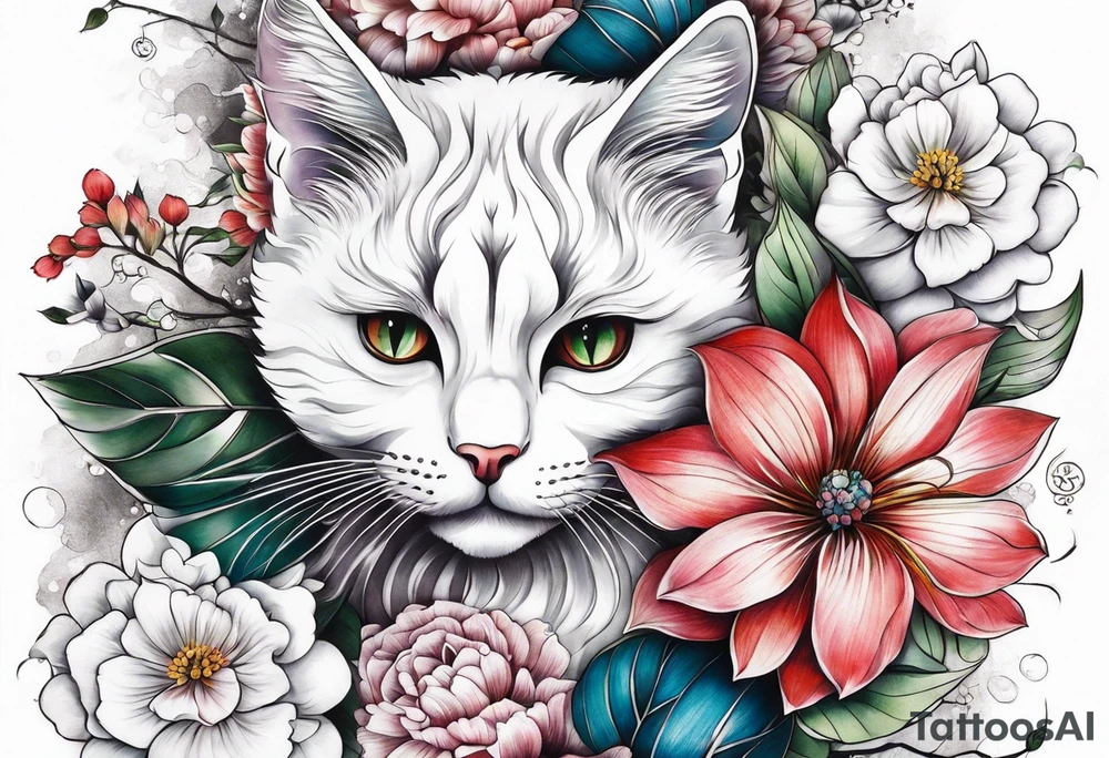 Realistic flower full sleeve with two cats tattoo idea