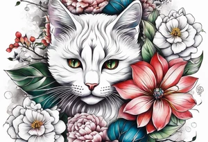 Realistic flower full sleeve with two cats tattoo idea