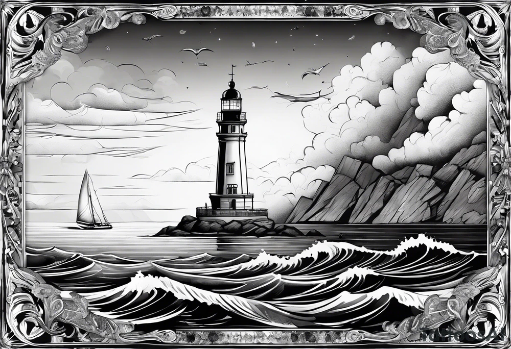 phare maritime dans un bateau entouré de voiles. tattoo idea