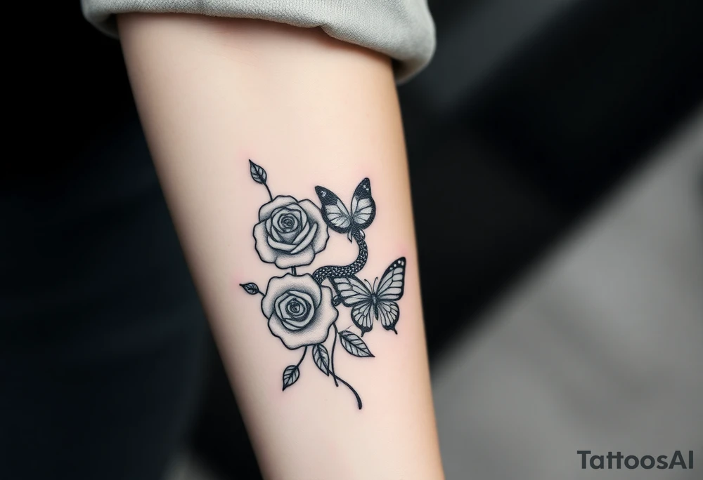 Joker tattoo with roses and a snake through the roses and money butterfly’s with filler ink tattoo idea