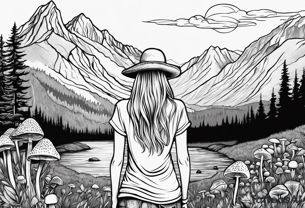 Straight long blonde hair hippie girl in distance holding mushrooms in hand facing away toward mountains and creek surrounded by mushrooms tee shirt and hiking pants tattoo idea