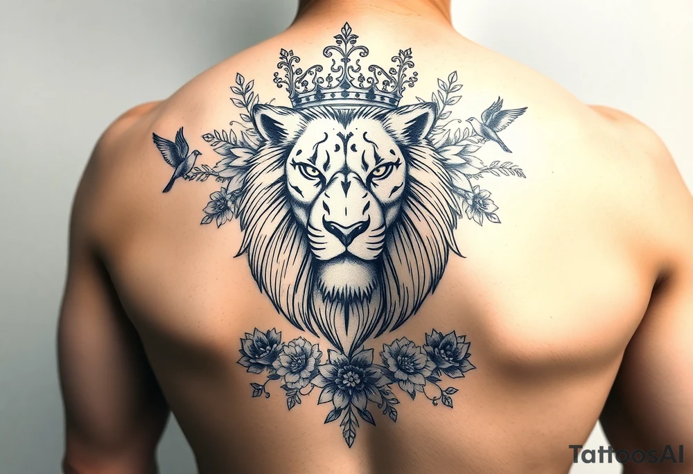 powerful majestic lion with a crown, surrounded by floral ornaments and birds tattoo idea
