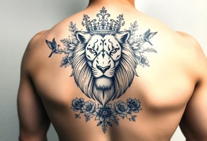 powerful majestic lion with a crown, surrounded by floral ornaments and birds tattoo idea
