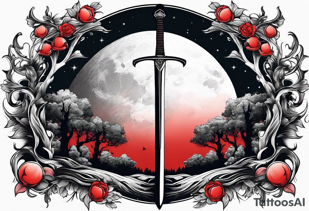 Sword with red moon behind it in the woods tattoo idea