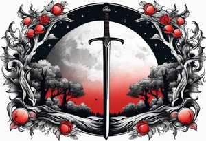 Sword with red moon behind it in the woods tattoo idea