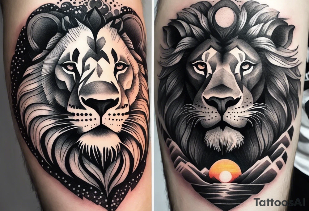 Tattoo in the shape of a lion head with a father and son in the mountains with  a waterfall and cross in the background and a sunset inside of it tattoo idea