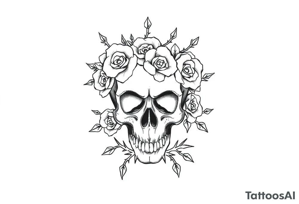 ornate skull adorned with crown of wild roses and thorns tattoo idea