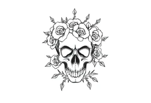 ornate skull adorned with crown of wild roses and thorns tattoo idea