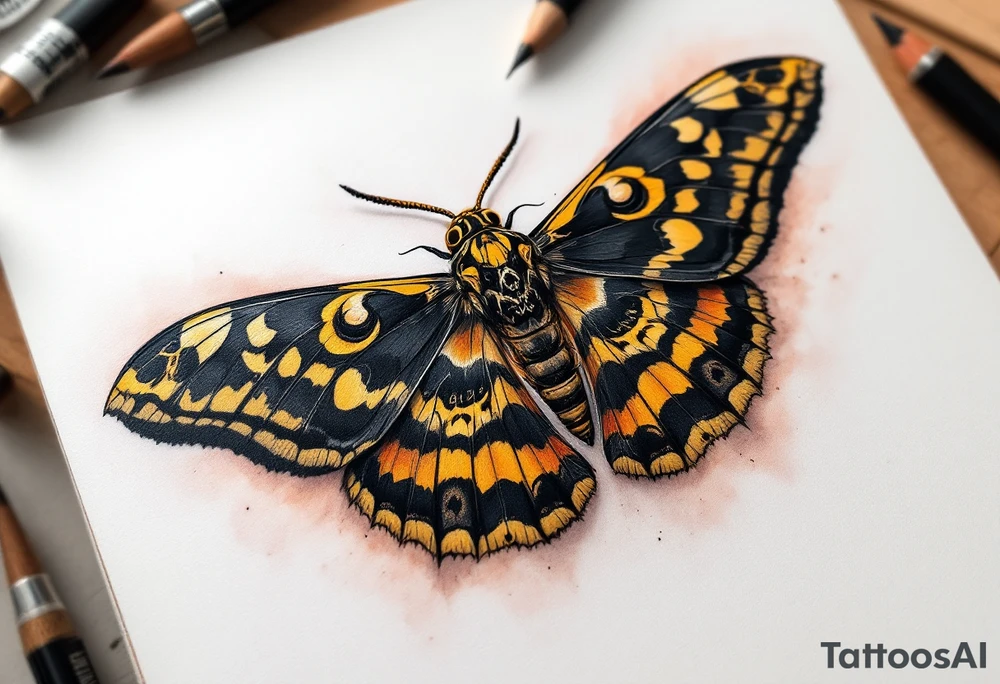 A highly detailed hawkmoth with deep black and golden-yellow wings, featuring intricate patterns resembling skull-like markings. The moth’s body is shaded with rich brown and subtle hints of burnt orange, adding depth and realism. tattoo idea