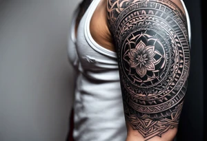 A tattoo sleeve that is based around greek mythology. Masculine with dark shading and contrast, ordered mandala effect tattoo idea