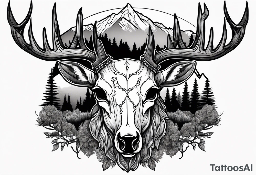 deer skull mountain trees tattoo idea