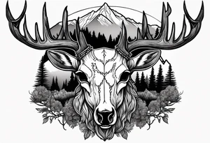 deer skull mountain trees tattoo idea