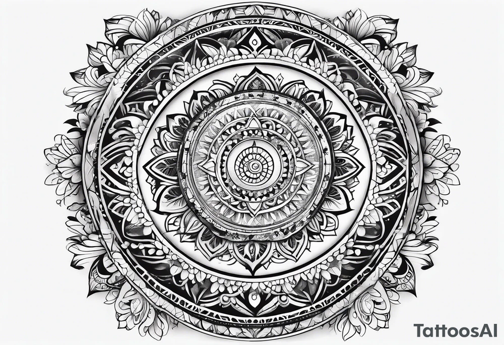 Spiritual mandala tattoo sleeve with 444, eye of Horus, tree of life and butterflies tattoo idea