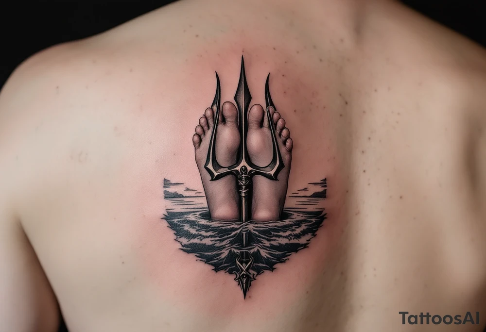 barefeet behind trident with water and sunset tattoo idea