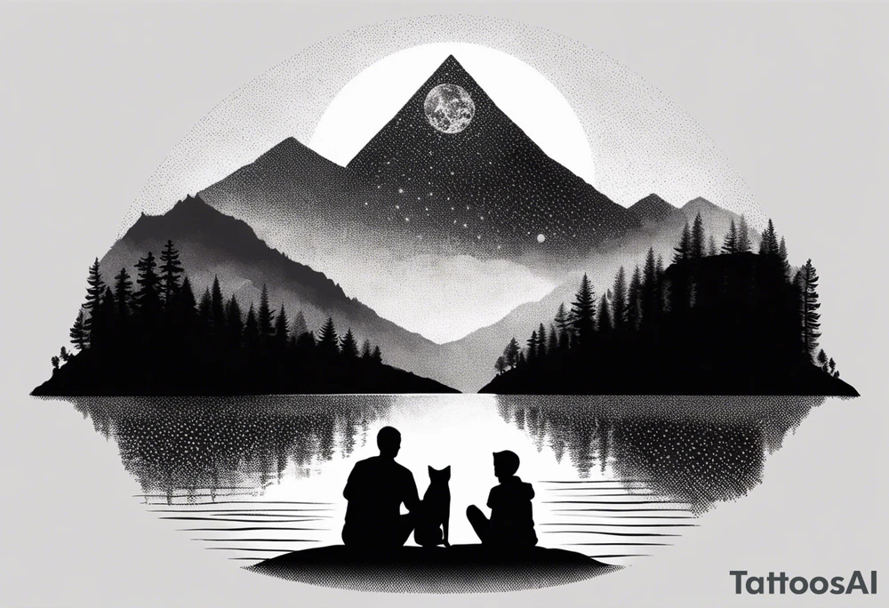 nature, sunset, mountains, a father and son sitting with their dog and cat 
by the water tattoo idea