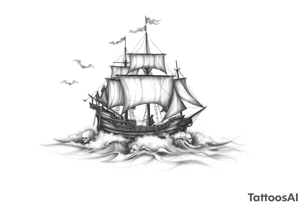 pirat-ship with ghosts surrounded by fog on sea. tattoo idea