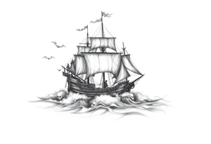 pirat-ship with ghosts surrounded by fog on sea. tattoo idea