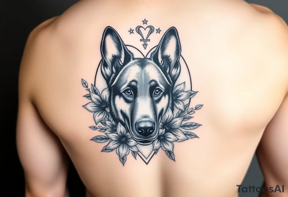 german shepherd floral lilies colourful in front of a sacred heart tattoo idea