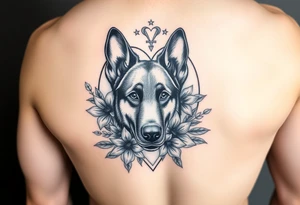 german shepherd floral lilies colourful in front of a sacred heart tattoo idea