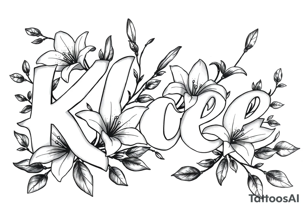 The word Kloee surrounded by big
lilies with the vines in letters tattoo idea