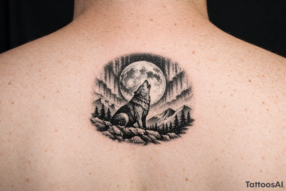 lone wolf howling at full moon with northern lights backdrop tattoo idea