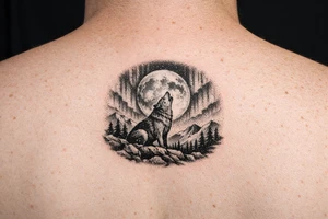 lone wolf howling at full moon with northern lights backdrop tattoo idea