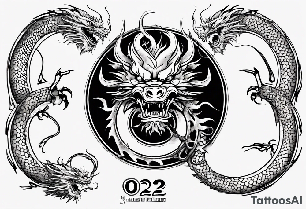 Chinese dragon in a circular shape with "02.03" written on its skin tattoo idea