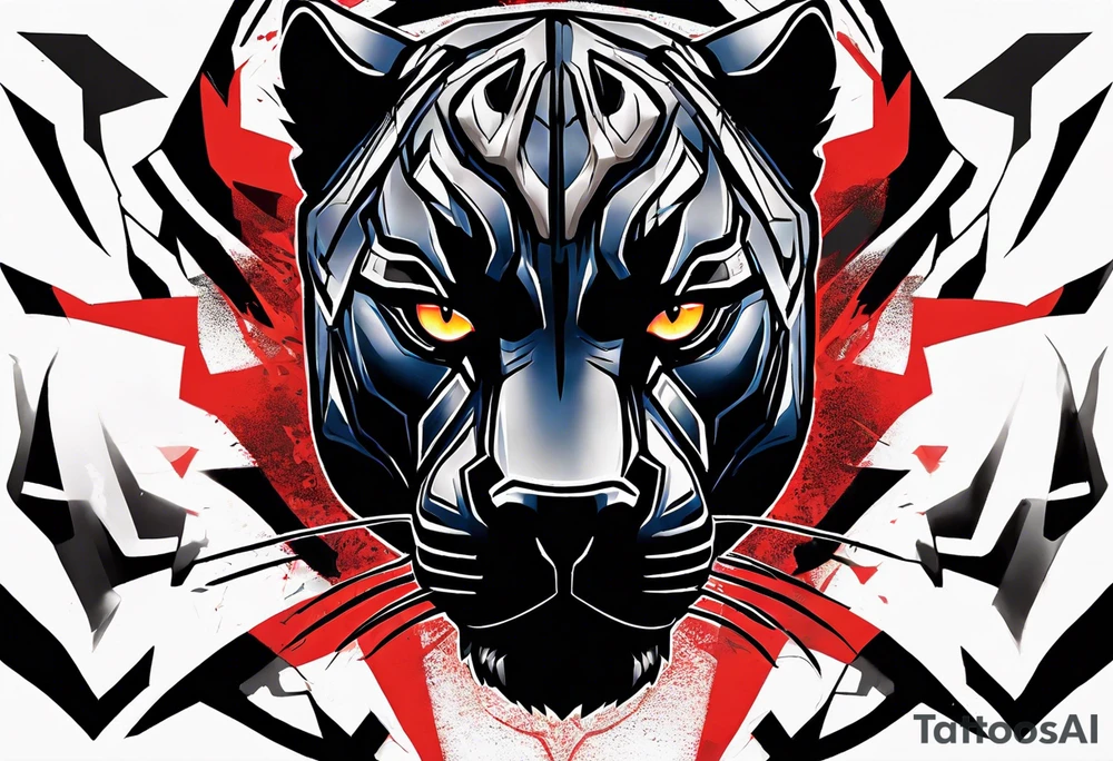 unique black panther tattoo, dynamic pose, showcasing its strength and grace, striking red eyes, intense and captivating elements, artistic flair, blending realism with abstract elements tattoo idea