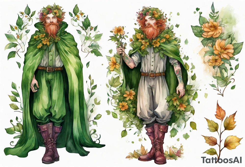 A young, beautiful tree-man hybrid with flower hair and a cloak made of leaves. Wearing floral medieval boots. Singing. tattoo idea