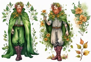 A young, beautiful tree-man hybrid with flower hair and a cloak made of leaves. Wearing floral medieval boots. Singing. tattoo idea