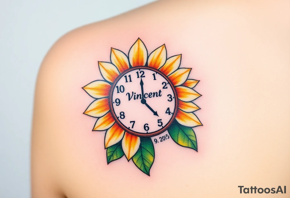 A soft watercolor sunflower wrapped around a clock with name "Vincent" and date "14. 09. 2015", symbolizing warmth and growth, in golden yellows, soft oranges, and green tattoo idea