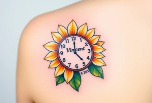 A soft watercolor sunflower wrapped around a clock with name "Vincent" and date "14. 09. 2015", symbolizing warmth and growth, in golden yellows, soft oranges, and green tattoo idea