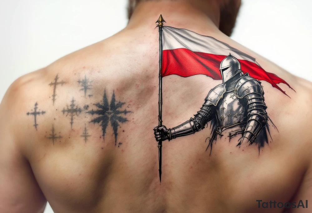 A knight in medieval armor holding a Czech flag, inspired by Hussite warriors, with battle-worn silver and red tones. tattoo idea