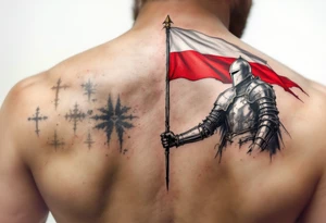 A knight in medieval armor holding a Czech flag, inspired by Hussite warriors, with battle-worn silver and red tones. tattoo idea